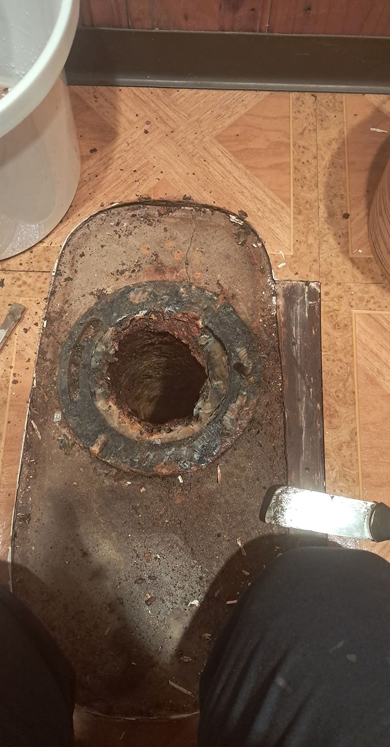 emergency toilet repair where we had to go to the sub floor and remove wax ring to install new toilet